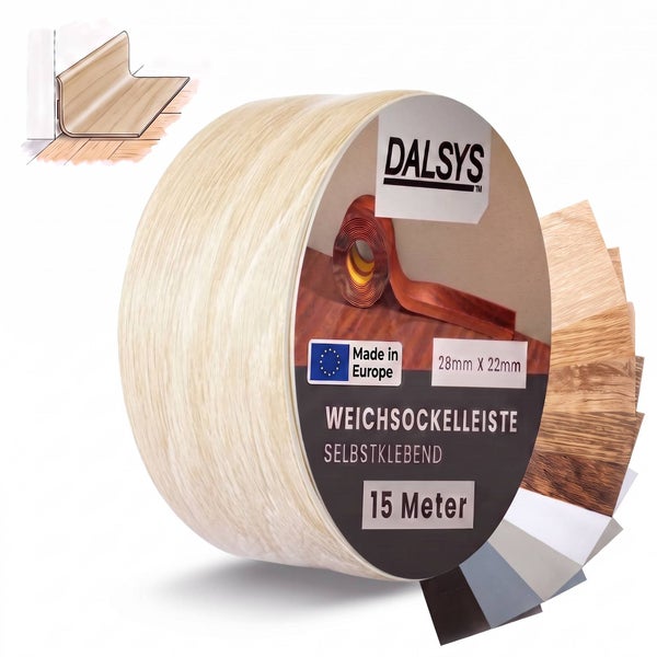 Dalsys Weichsockelleiste selbstklebend auf Rolle 15 Meter lang 28 Millimeter mal 22 Millimeter in Holzoptik