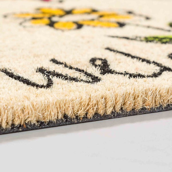 Fußmatte aus Kokosfaser mit Blumenmuster und Schriftzug