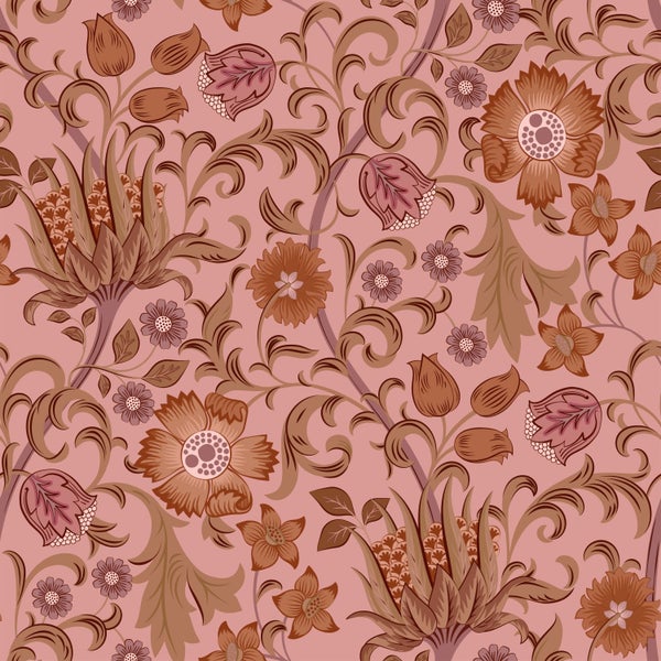 Tapete mit floralem Muster aus braunen und beigen stilisierten Blumen und Ranken.