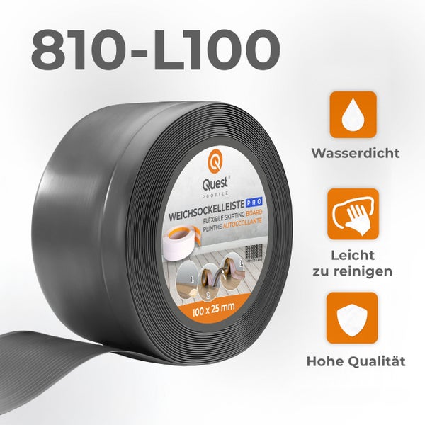 Quest Profile Weichsockelleiste auf Rolle 100 mal 25 Millimeter wasserdicht und leicht zu reinigen.