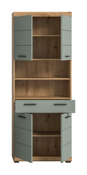 Hoher Schrank mit zwei Türenpaaren, einer Schublade und offenen Regalfächern, gefertigt aus Holzwerkstoff in Holzoptik.
