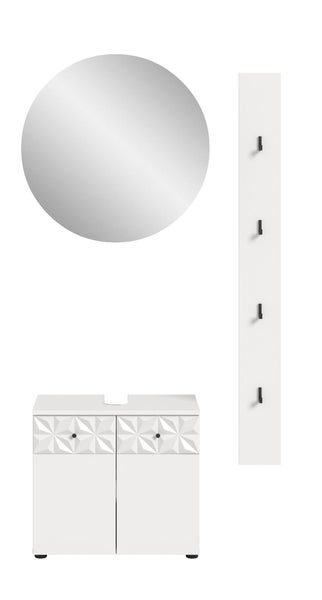 Badezimmermöbel-Set mit rundem Spiegel, Waschbeckenunterschrank mit dreidimensionalem geometrischem Muster und Wandpaneel mit vier Haken.