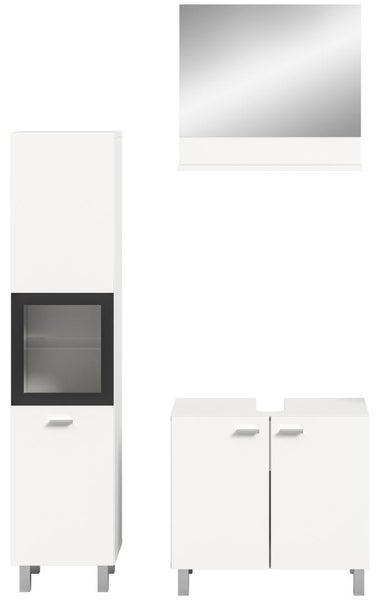 Dreiteiliges Badezimmermöbel-Set bestehend aus Hochschrank mit Glaseinsatz, Spiegel mit Ablage und Waschbeckenunterschrank.