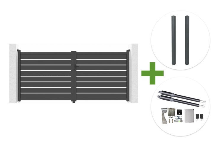 Zweiflügeliges Einfahrtstor aus Aluminium mit horizontalen Lamellen inklusive Pfosten und elektrischem Drehtorantrieb.