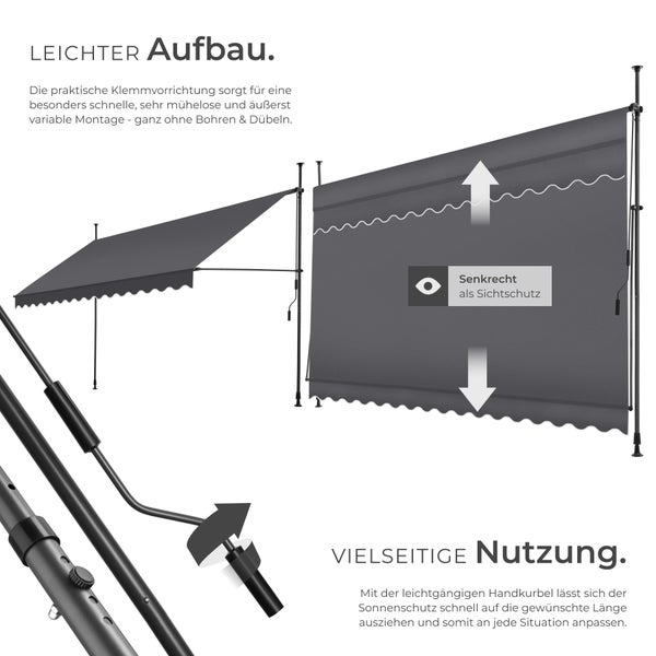Klemmmarkise tectake  einfache Montage mit Handkurbel schwarz/grau
