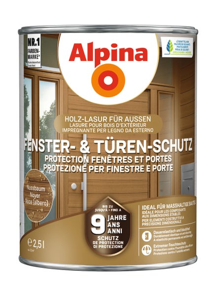 Alpina Holzlasur Nussbaum für Fenster und Türen im Außenbereich, 2,5 Liter.