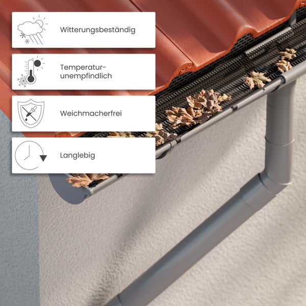 Dachrinne mit Laubschutzgitter. Witterungsbeständig, temperaturunempfindlich, weichmacherfrei und langlebig.