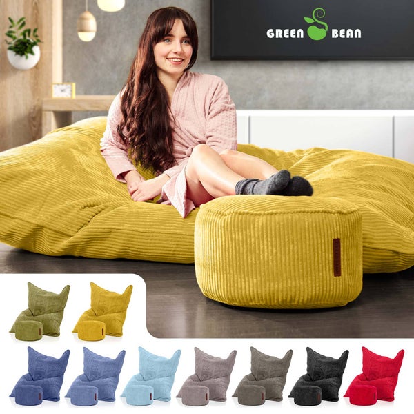 Green Bean Sitzsack + Pouf im Set - XXL Riesensitzsack mit passenden Fußhocker | EPS Füllung Bean Bag Bodenkissen Liegekissen Sitzkissen Indoor Drinnen Waschbar c