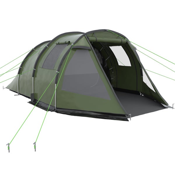 Outsunny Tunnelzelt für 4 Personen, Campingzelt mit 2 Räumen,  475L x 264B x 172H cm, Polyester, Fiberglas, Nylon-Netz,Grün