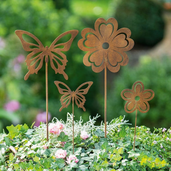 FRANK FLECHTWAREN | Stecker Blume & Schmetterling, 4er Set, METALL, H:34cm, H:36cm, H:52cm, H:55CM