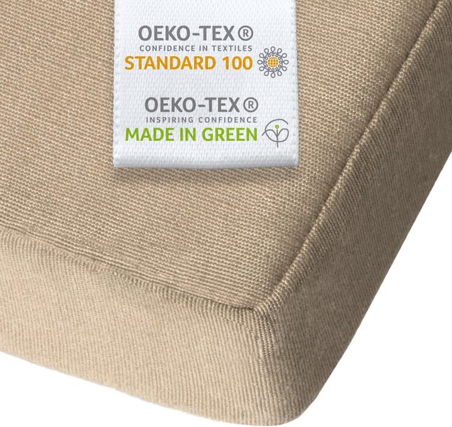 OEKO-TEX Standard 100 Siegel für schadstoffgeprüfte Textilien und Made in Green Siegel für nachhaltige Produktion.