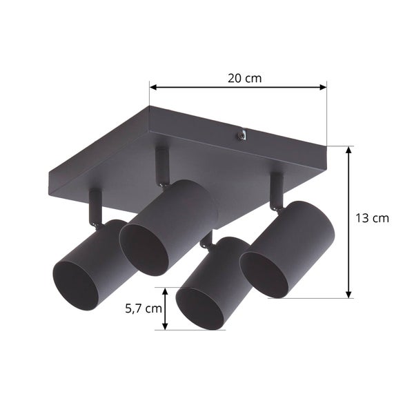 Deckenleuchte mit vier Strahlern und Maßangaben