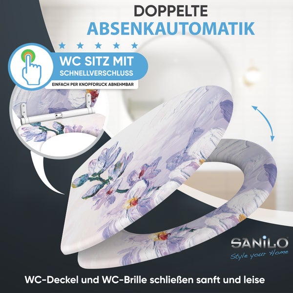Sanilo WC Sitz mit Blumen Motiv, Absenkautomatik und Schnellverschluss zum Abnehmen per Knopfdruck.