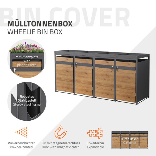 Mülltonnenbox für 4 Tonnen mit Pflanzdach, Stahlgestell, Eiche-Dekor, pulverbeschichtet, Magnetverschluss, erweiterbar.