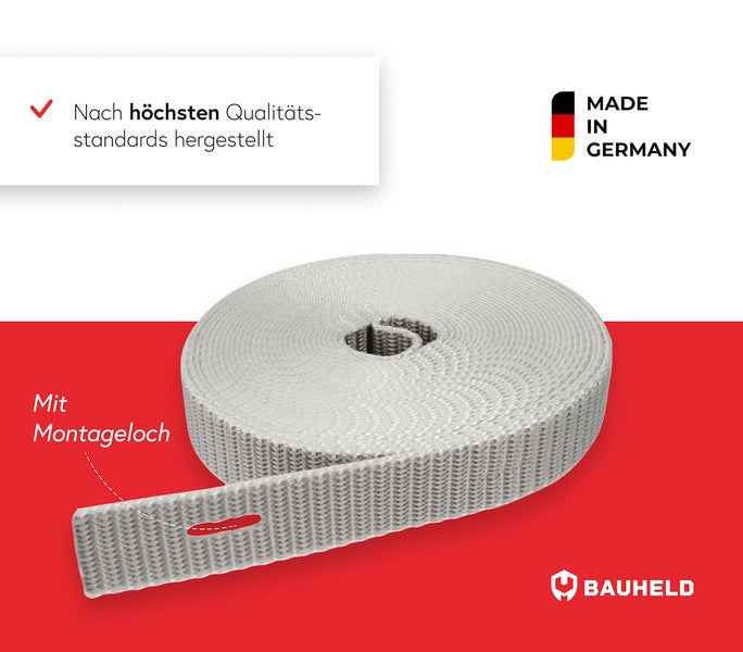 Aufwickelbares Textilband mit Montageloch, hergestellt nach höchsten Qualitätsstandards, Made in Germany, Bauheld Logo