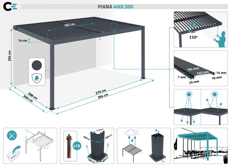 Pergola bioklimatisch aus Aluminium PIANA 388 x 298 x 218 cm selbsttragende - mit isolierten  verstellbares Lamellendach, graue