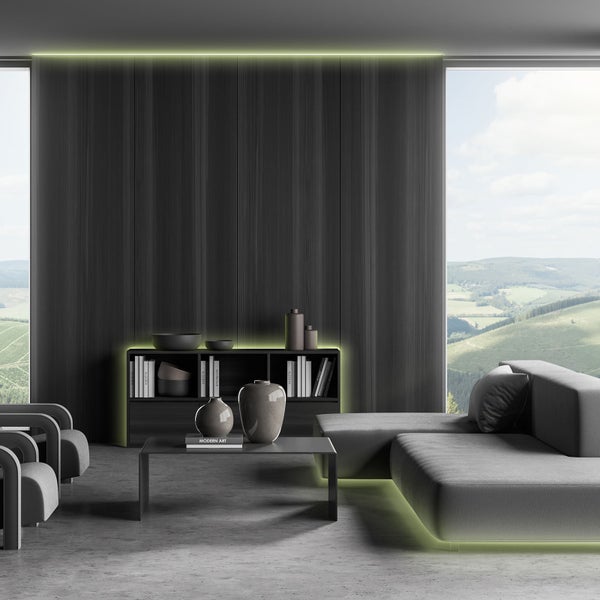Modernes Wohnzimmer mit dunkler Wandverkleidung, grauem Sofa und LED-Streifen zur Akzentbeleuchtung an Wand und Möbeln.