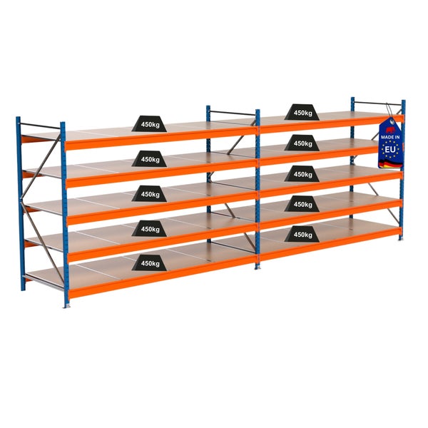 Lagerregal mit einer Traglast von 450 Kilogramm pro Ebene und Made in EU Kennzeichnung