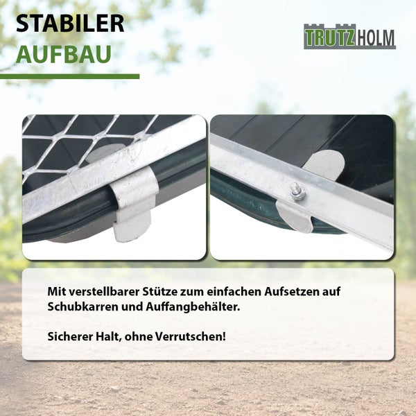 Trutzholm Laub- und Abfallsieb mit verstellbarer Stütze zur Befestigung auf Schubkarren und Behältern für stabilen Halt.
