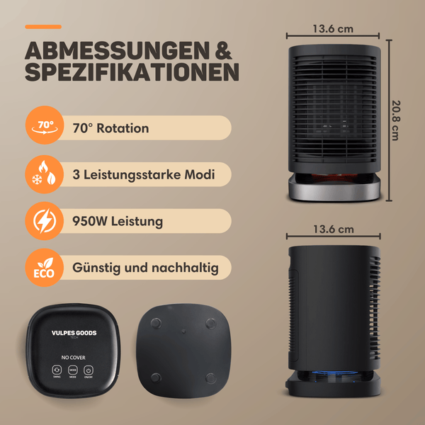 Vulpes Goods Keramik Heizlüfter - Keramik Heizung - 950 Watt Heizung - Oszillation 70° - 3 Leistungsstufen - Elektrischer Heizlüfter - Heizlüfter - Schwarz