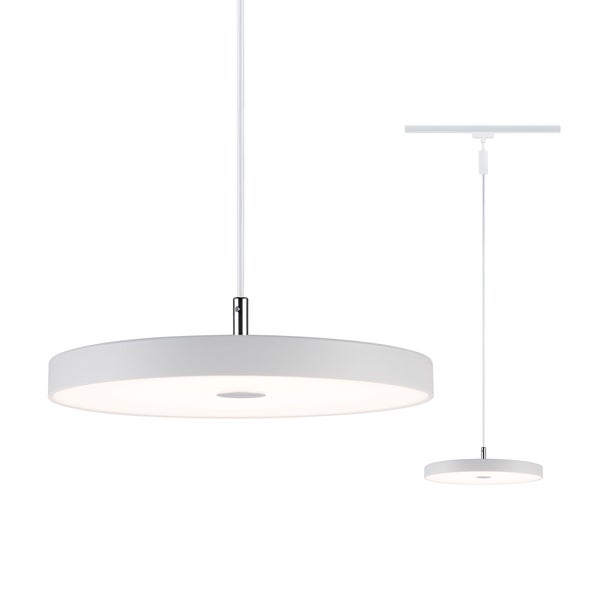 Flache runde LED-Pendelleuchte in minimalistischem Design mit weißer Kabelaufhängung und weißem Schienenadapter.