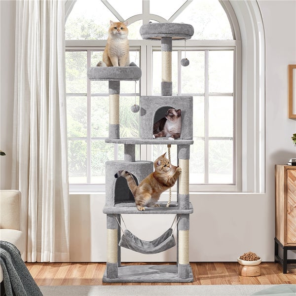 Katzenkratzbaum mit mehreren Ebenen, Höhlen und Hängematte mit drei Katzen