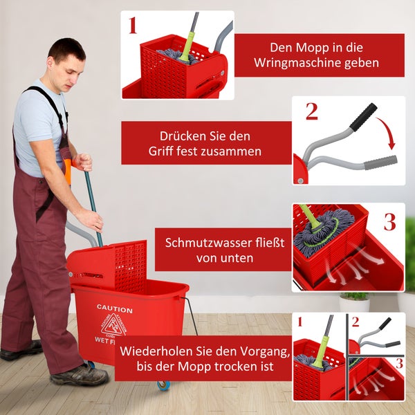 Anleitung zur Anwendung eines Bodenwischers mit Eimer und Wringpresse durch eine Person
