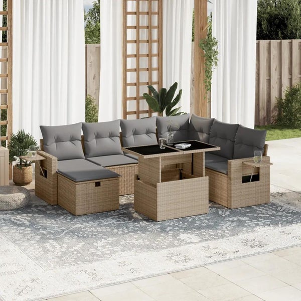 8-tlg. Garten-Sofagarnitur mit Kissen Beige Poly Rattan