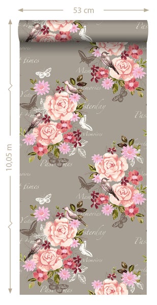 Tapetenrolle mit Rosen, Vögeln und Schmetterlingen, 53 cm breit und 10,05 m lang
