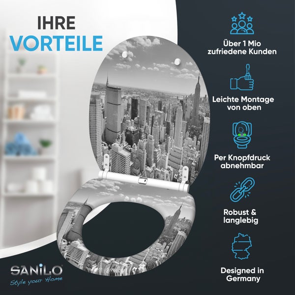 Sanilo Toilettensitz mit New York Motiv und Sanilo Logo, inklusive Vorteile wie einfache Montage, Abnehmbarkeit und Langlebigkeit.