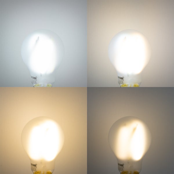 LUUMR LED-Leuchtmittel in vier verschiedenen Farbtemperaturen von Kaltweiß bis Warmweiß.