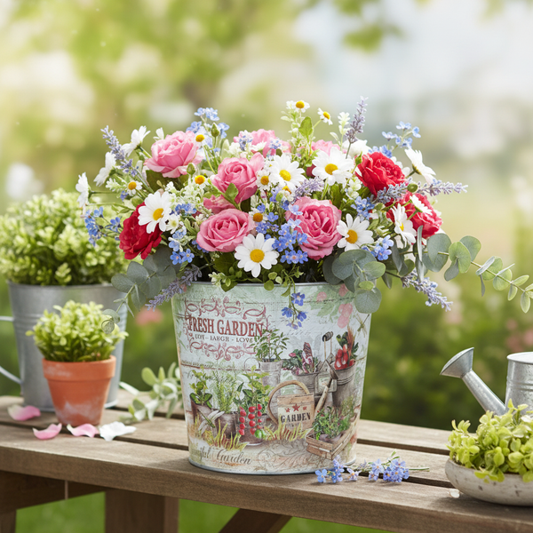 Künstliches Gesteck mit rosa Rosen, weißen Gänseblümchen und blauen Blüten in einem dekorativen Metalleimer auf einem Holztisch.