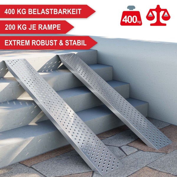 Zwei metallene Auffahrrampen mit Lochprofil auf einer Treppe, Belastbarkeit insgesamt 400 Kilogramm, 200 Kilogramm pro Rampe.