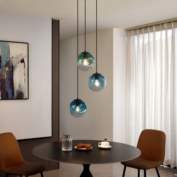 Art-Deco-Pendelleuchte Schwarz mit Blauem Glas 3-flammig - Douglass