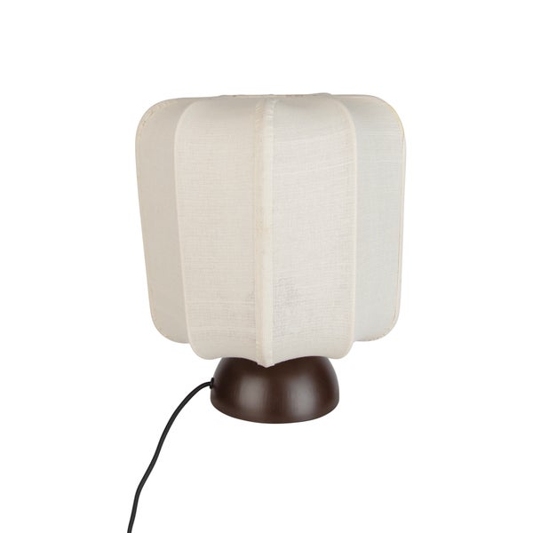 Tischleuchte mit beigefarbenem Stoffschirm und dunkelbraunem rundem Fuß