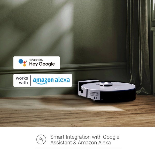 Saugroboter auf einem Holzboden in einem Zimmer, kompatibel mit Google Assistant und Amazon Alexa.