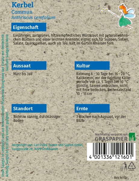Rückseite der Samentüte Kerbel Commun mit Hinweisen zu Aussaat, Standort und Ernte. Carl Pabst Samen und Saaten GmbH Logo.
