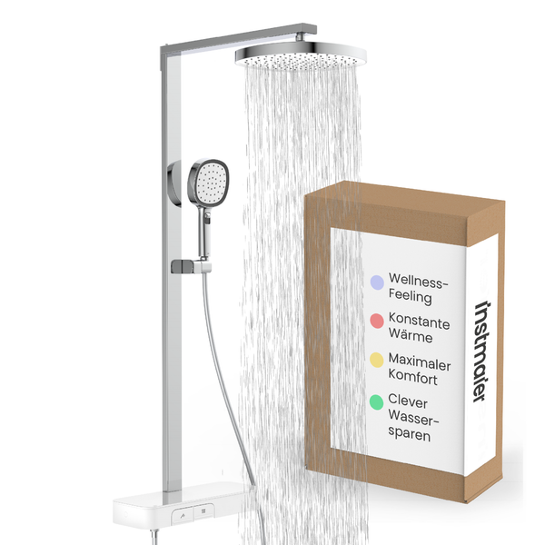 instmaier Duschsystem mit Regendusche, Handbrause, Duschstange und Thermostatarmatur mit Ablage inklusive Verpackung.