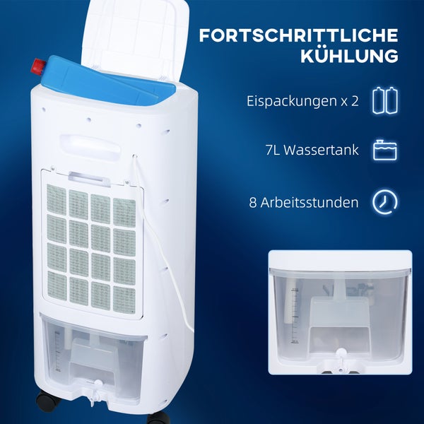 HOMCOM 3 in 1 Mobile Klimaanlage mit Luftbefeuchtung Wasserkühlung, Auto-Oszillierendes 7L Klimagerät mit 7,5h Timer, 3 Geschwindigkeiten 65W Luftkühler mit Fernbedienung, für 20 ㎡ Weiß