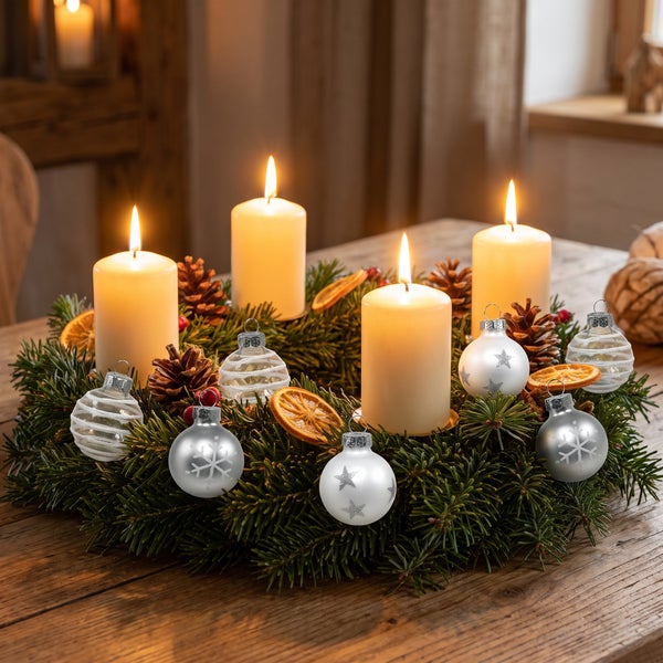 Adventskranz aus Tannengrün dekoriert mit vier brennenden Stumpenkerzen, Zapfen, Orangenscheiben und weihnachtlichen Christbaumkugeln auf Holztisch.