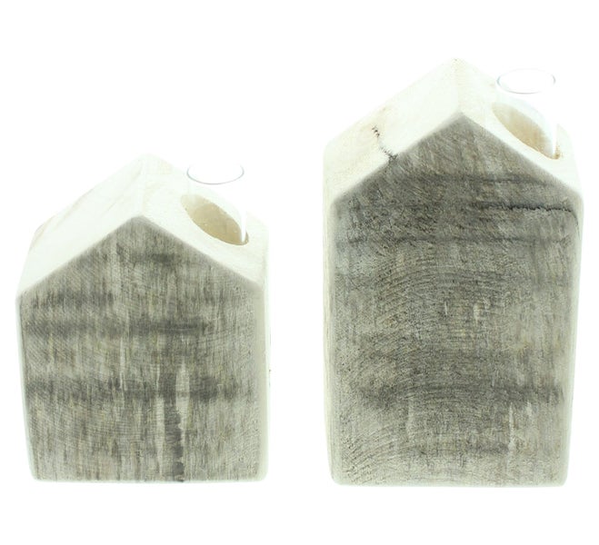 FRANK FLECHTWAREN | Vase Häuschen, 2er Set, PAPPEL, GLAS, 8,5 x 5,5 x 11 cm, 8,5 x 5,5 x 15 cm