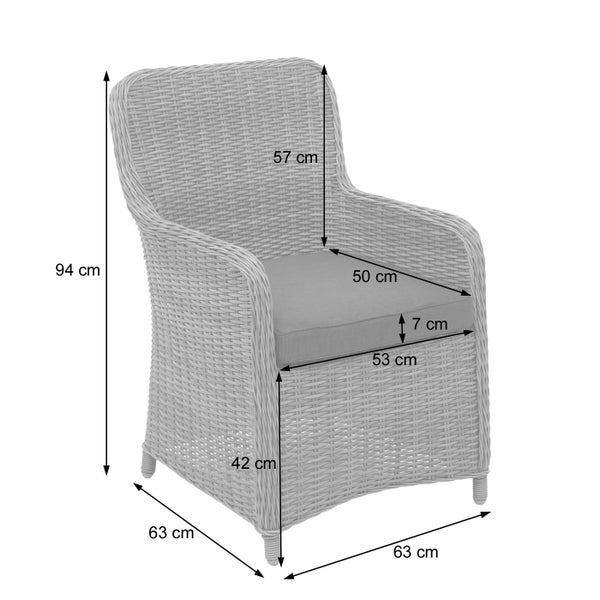 Gartenstuhl aus Polyrattan mit Sitzkissen und Maßen: Gesamthöhe 94 Zentimeter, Breite 63 Zentimeter, Tiefe 63 Zentimeter.