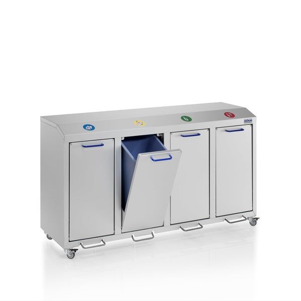 Mobiles Mülltrennsystem aus Aluminium von Gmöhling mit 4 Abteilen für verschiedene Wertstoffe. Gmöhling Logo.