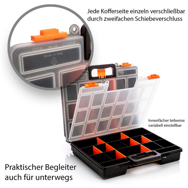 Werkzeugkoffer mit verstellbaren Fächern und Schiebeverschluss