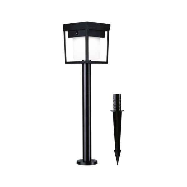 Moderne LED Wegeleuchte mit quadratischem Kopf, Standfuß und separatem Erdspieß zur Außenbeleuchtung im Garten.