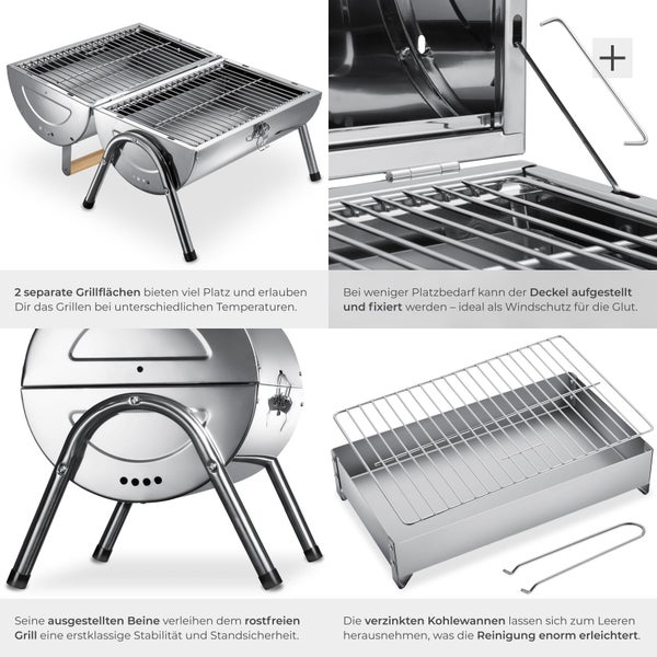 Tragbarer Holzkohlegrill aus Edelstahl mit zwei Grillflächen, fixierbarem Deckel als Windschutz, stabilen Beinen und entnehmbaren Kohlewannen.