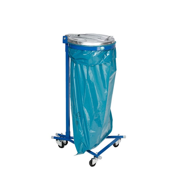 Fahrbarer Müllsackständer mit blauem Gestell, Metalldeckel und vier Lenkrollen, inklusive blauem Müllsack.