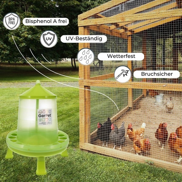 GarPet Futterautomat Hühner mit Stand Füßen grün Geflügel Futterspender Futtertrog 8 Kg Wachteln Trog Automatisch groß