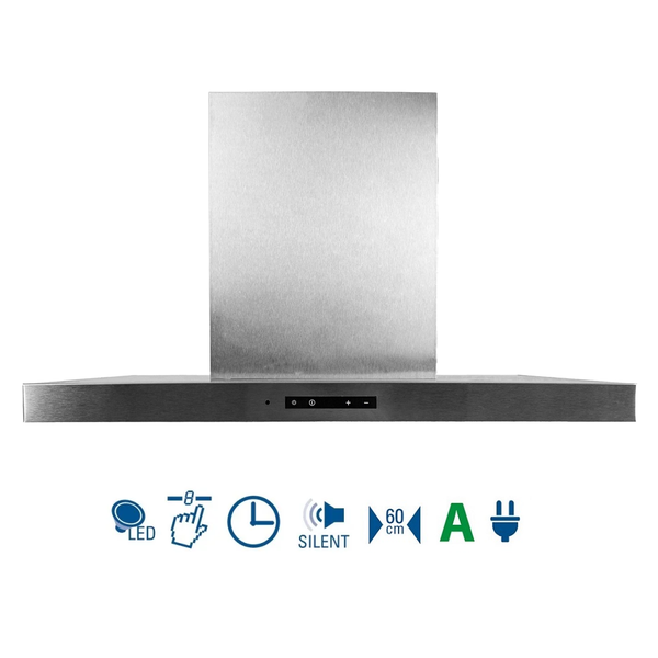 Dunstabzugshaube aus Edelstahl mit LED, Touch Bedienfeld, Timerfunktion, geräuscharm, 60 Zentimeter breit, Energieeffizienzklasse A und Stecker