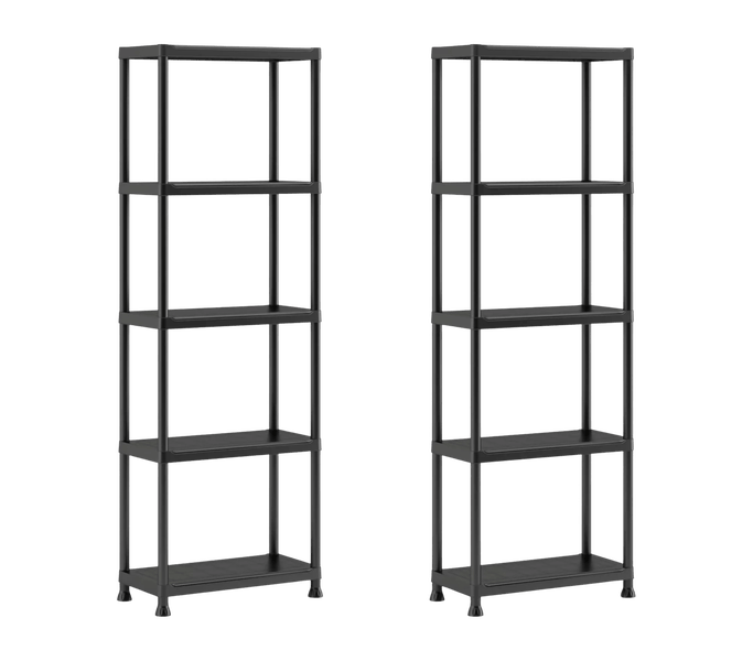 Zwei schwarze Kunststoffregale mit jeweils fünf Böden für Keller und Garage.